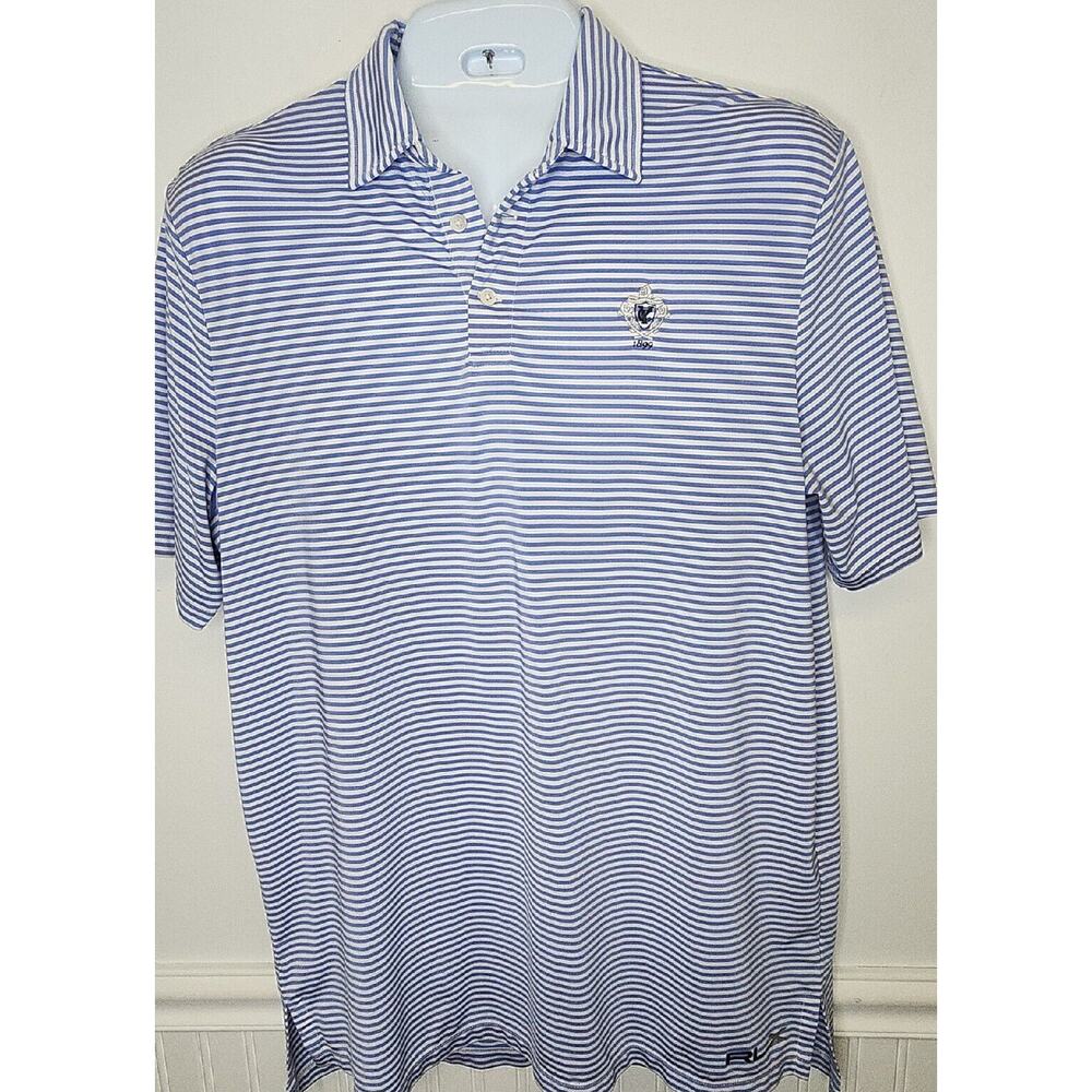 RLX Ralph Lauren Embroidered 1899 Golf Course POLO S/S Shirt Large L Blue White